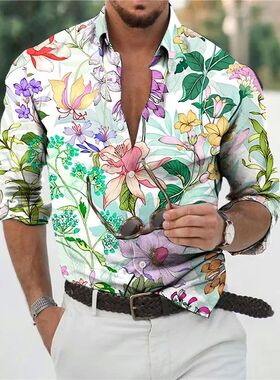 Printed comfortable long sleeved shirt印花舒适透气长袖衬衫男