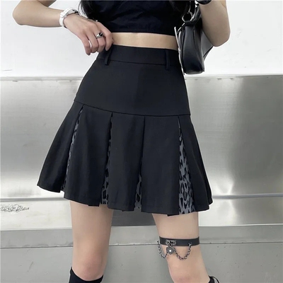 A-line leopard pattern pleated short skirt女A字豹纹百褶短裙
