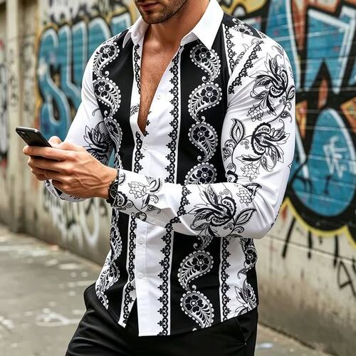 多色印花长袖衬衫Multi colored button up long sleeved T-shirt