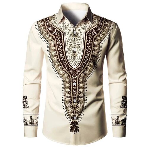 kurta for menfor翻领印花长袖上衣衬衫休闲装