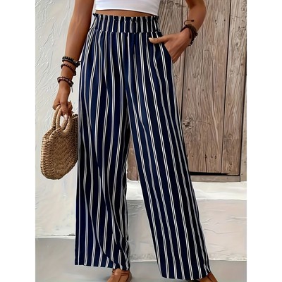 Striped high waiste spliced wide leg pants条纹高腰拼接阔腿裤