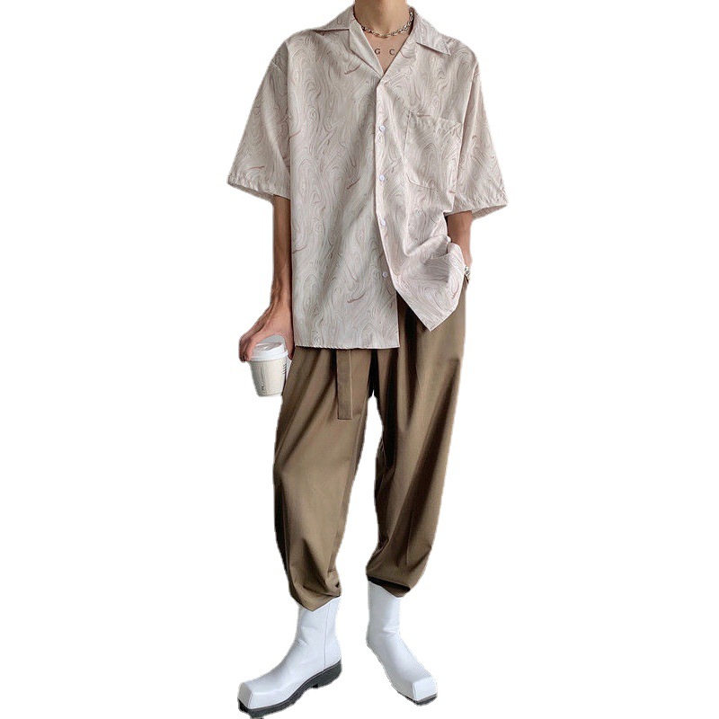 Short sleeved printed Cuban collar top短袖印花古巴领宽松上衣