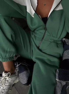 Sports and leisure color blocking jumpsuit拼色拉链连体长裤女