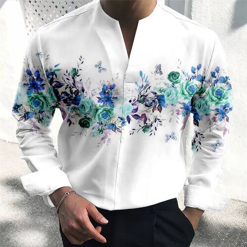Printed V-neck slimming pullover shirt 印花v领显瘦套头衬衫男