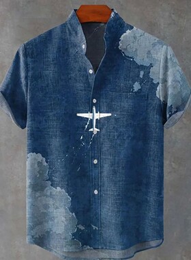 男士立领亚麻排扣长袖衬衫