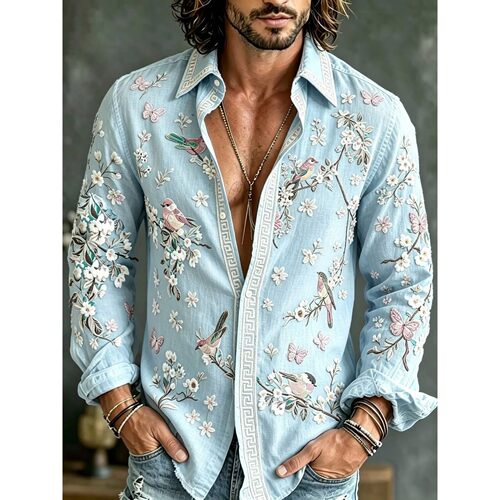 翻领印花长袖衬衫 Flip collar embroidered long sleeved shirt