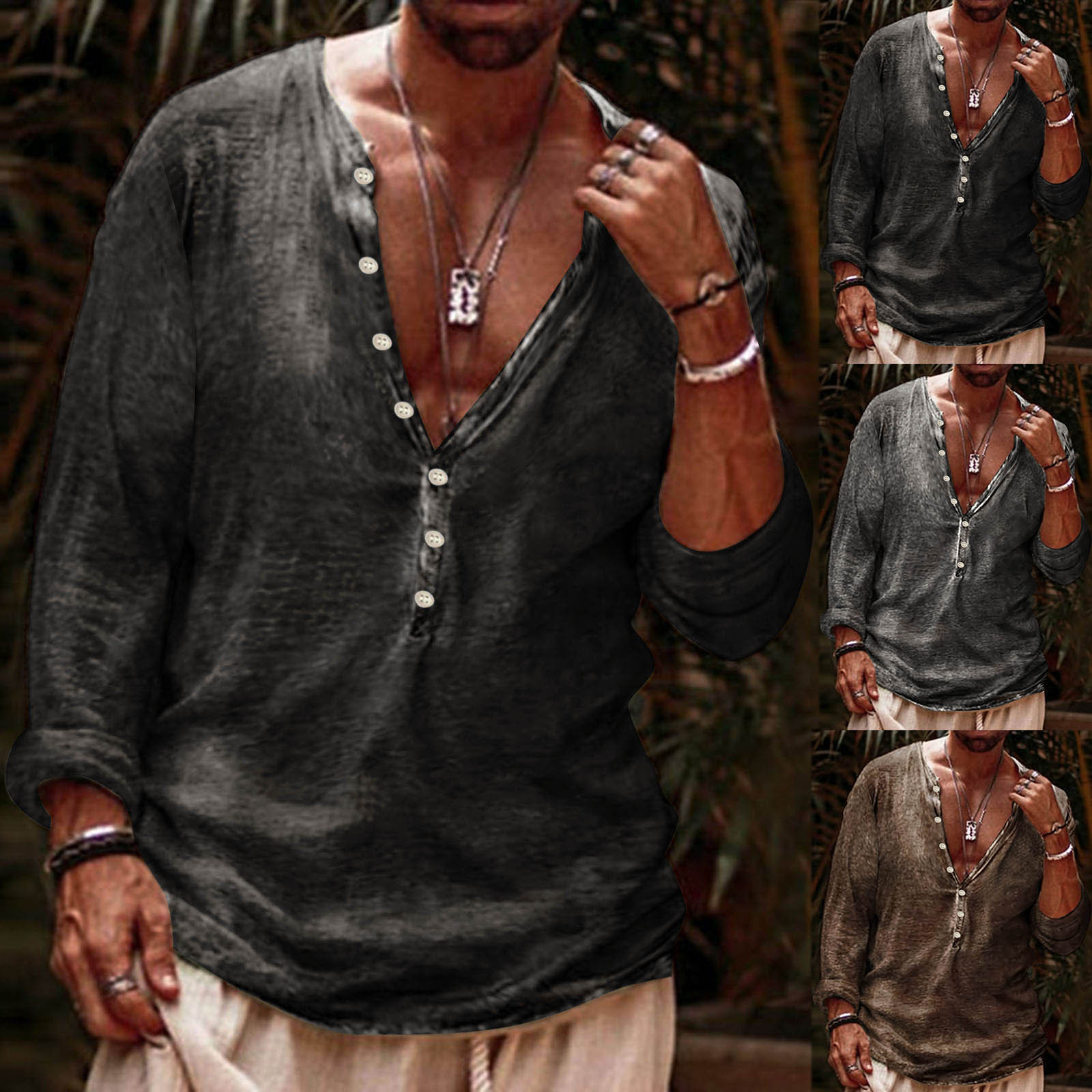 Button V-neck top loose fitting T-shirt纽扣V领上衣宽松T恤男