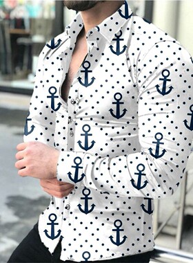 印花开衫翻领衬衣Printed cardigan single breasd shirt for men