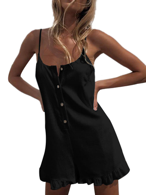 Breasted ruffled suspender jumpsuit 纯色排扣荷叶边吊带连体裤