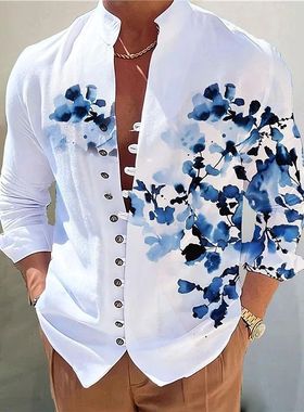 Printed round neck shirt cardigan for men 印花圆领衬衫开衫男