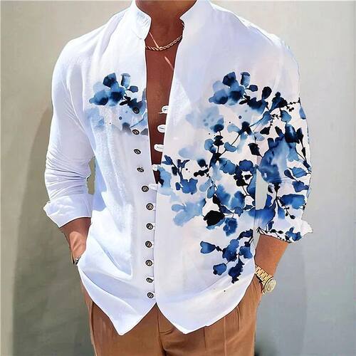 Printed round neck shirt cardigan for men 印花圆领衬衫开衫男