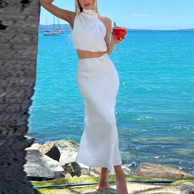 High neck sleeveless waist revealing suit 高领无袖露腰套装女