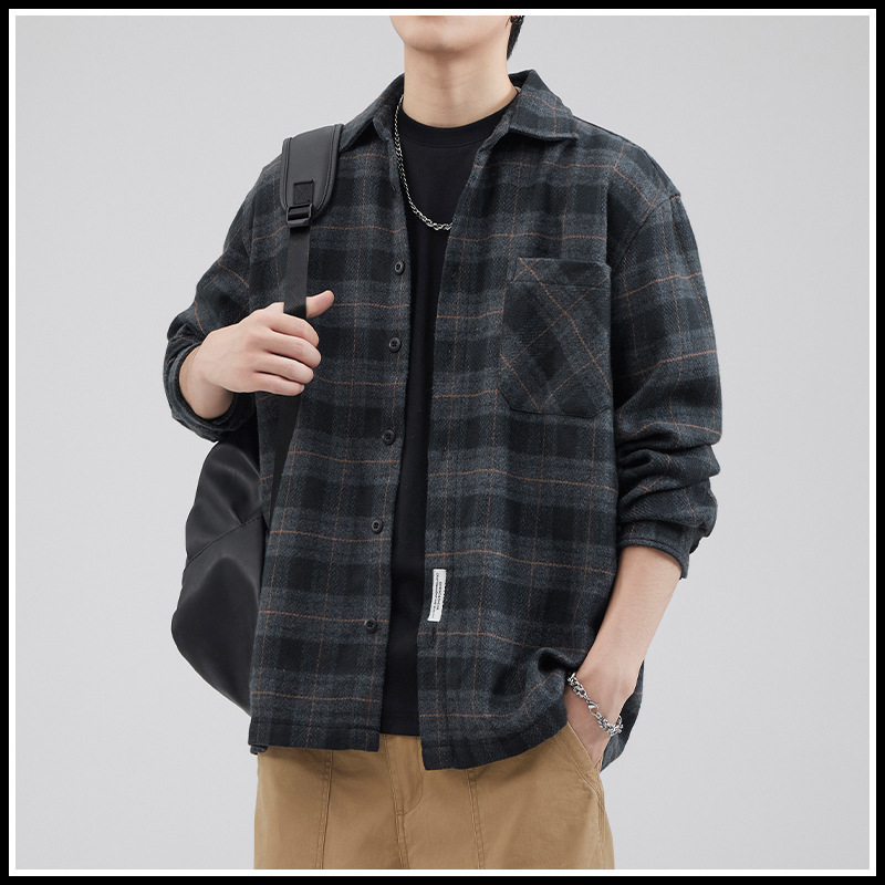 Flip collar plaid printed casual cardigan翻领格纹休闲开衫男