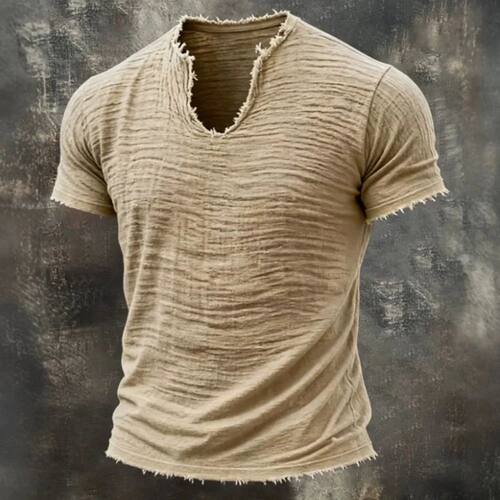 纯色毛边短袖Solid color V-neck fringed short sleeved T-shirt