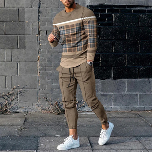 Men's casual round neck sweater set男士休闲印花圆领卫衣套装