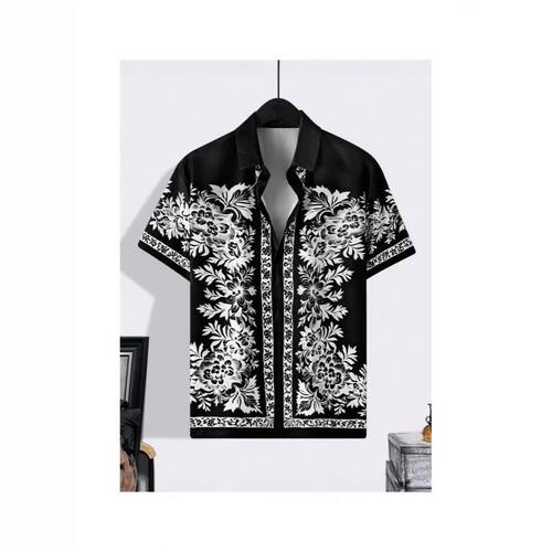 翻领印花系扣短袖开衫Printed button up short sleeved cardigan