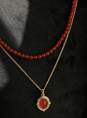《时光美人》法式复古新年酒红玛瑙双层叠戴项链锁骨链轻奢高级女