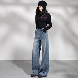 满天星烫钻渐变牛仔裤女长裤带钻2025秋冬季新款宽松显瘦阔腿裤子