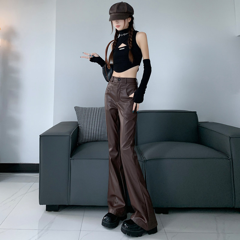 咖色微喇叭裤女高腰休闲百搭2025秋季美式辣妹直筒皮裤阔腿拖地裤,女装/女士精品,休闲裤,淘宝优惠券,粉丝福利购,淘宝优惠卷