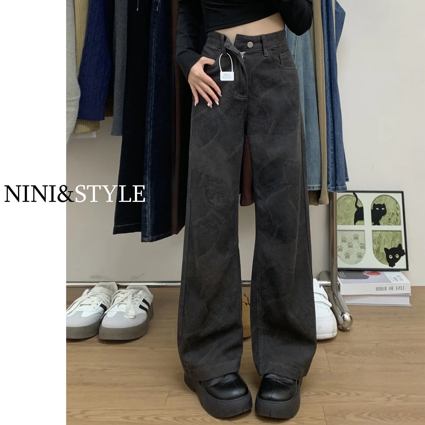 扎染印花窄版阔腿牛仔裤女2026春秋新款高腰显瘦宽松垂感直筒裤子,女装/女士精品,牛仔裤,淘宝优惠券,粉丝福利购,淘宝优惠卷