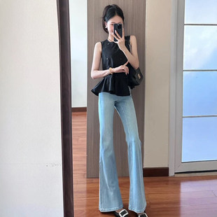 浅蓝色微喇牛仔裤女2026年夏秋薄款新款高腰修身显瘦拖地喇叭裤子