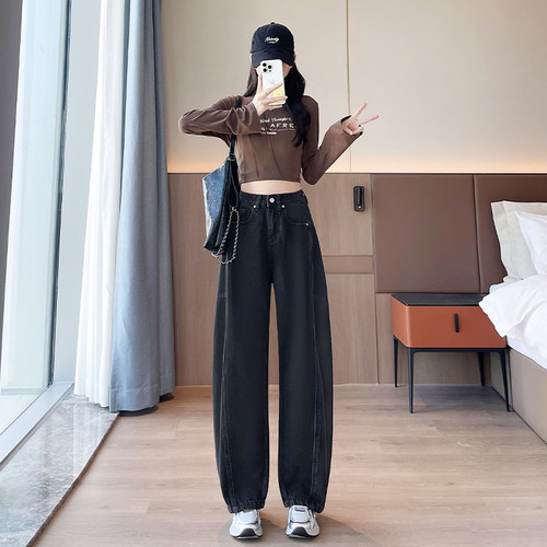 高腰弯刀牛仔裤女宽松显瘦