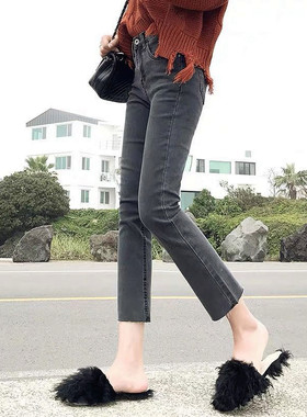 韩国烟灰色直筒八分牛仔裤女2026春季修身高腰显瘦弹力九分烟管裤