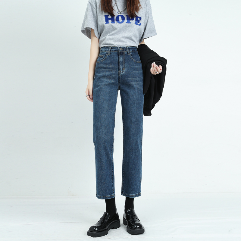 复古高腰直筒牛仔裤八九分烟管裤