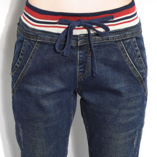 显瘦小脚裤 松紧腰高腰牛仔裤 宽松弹力哈伦裤 春夏薄款 学生 女长裤