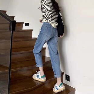 显瘦胖mm九分宽松弹力老爹裤 女高腰大码 哈伦牛仔裤 2025年春夏新款
