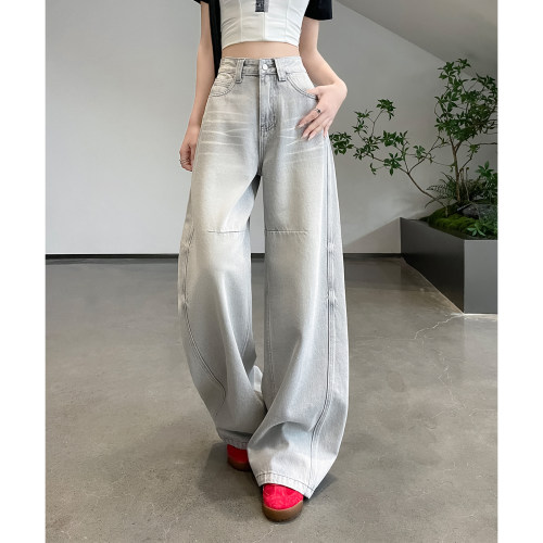 浅灰色阔腿牛仔裤女春夏新款拼接