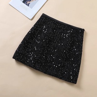 黑色毛呢亮片半身裙女2025春秋季新款高腰显瘦小香风a字包臀短裙