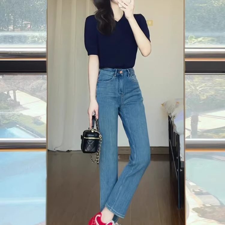 复古蓝加绒直筒牛仔裤女秋冬