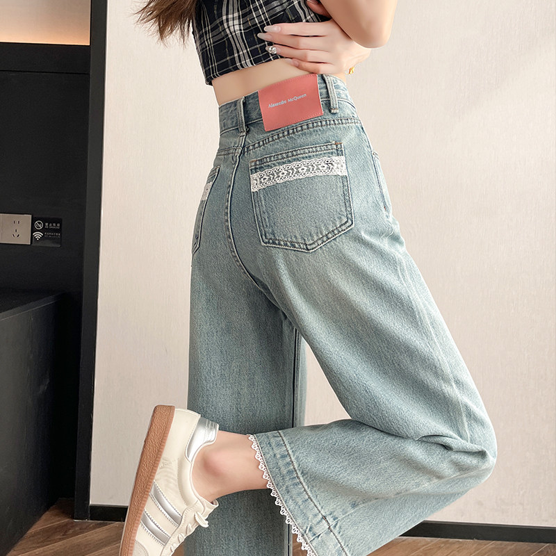 小众蕾丝直筒裤女宽松显瘦2025春夏新款高腰八九分窄版阔腿牛仔裤
