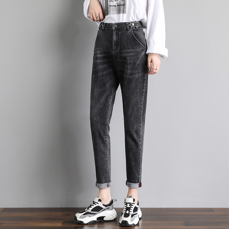 春夏新款大码2025高腰宽松哈伦弹力牛仔裤女式萝卜长裤小脚铅笔裤