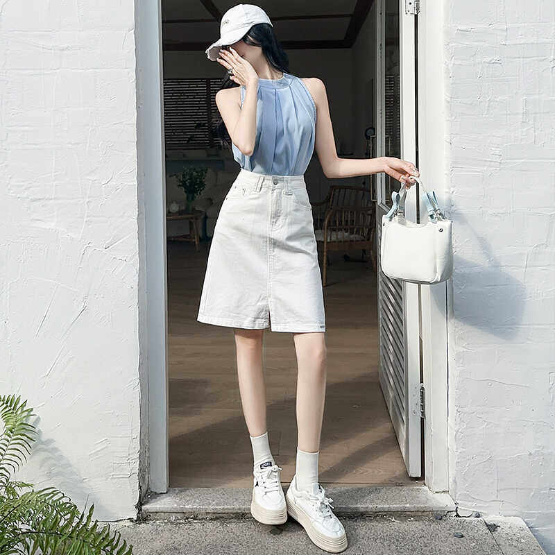 米白牛仔短裙女夏薄款2026新款高腰显瘦开叉包臀裙性感辣妹半身裙
