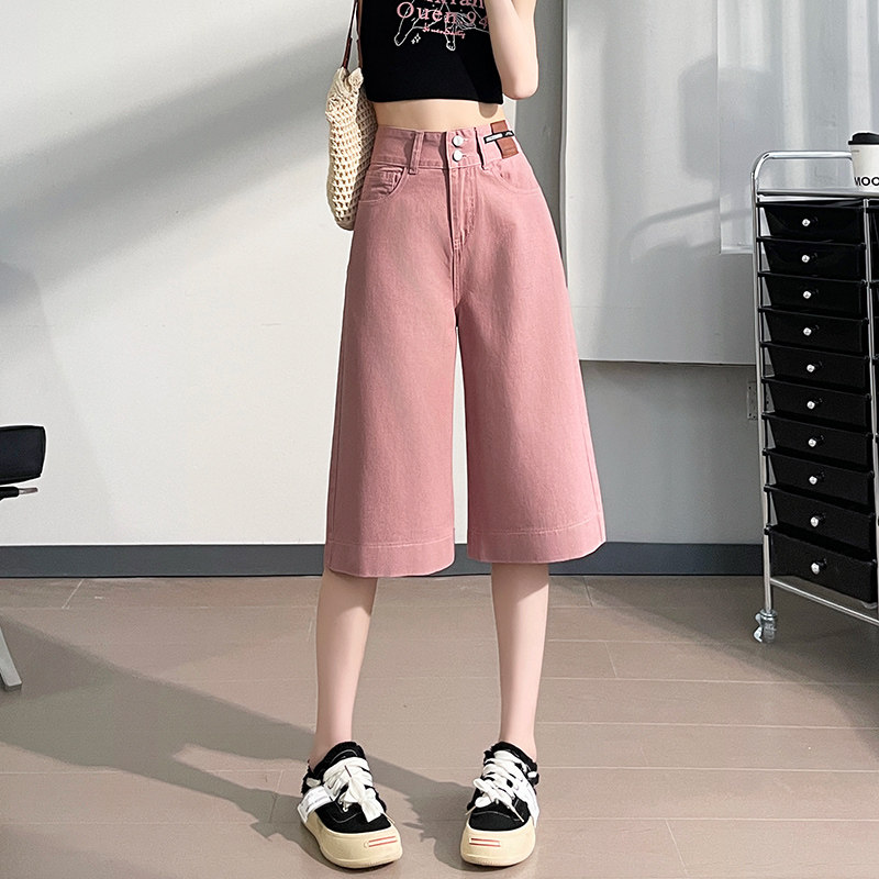 粉色六分牛仔短裤女宽松2026夏季薄款新款高腰显瘦七分裤阔腿中裤
