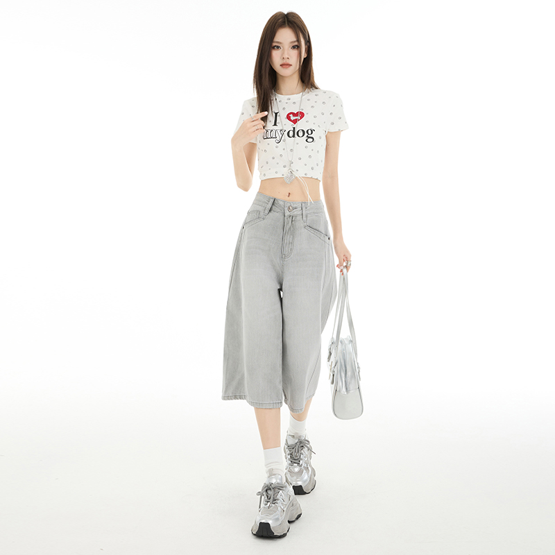 七分裤美式灰色高腰阔腿牛仔裤女2025夏季新款时尚百搭短裤直筒裤