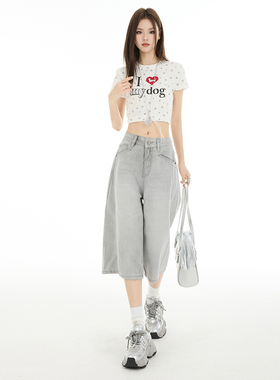 七分裤美式灰色高腰阔腿牛仔裤女2026夏季新款时尚百搭短裤直筒裤