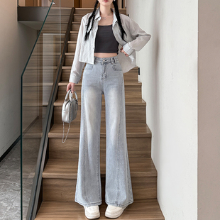 复古烫钻牛仔裤女2026夏薄款小个子高腰宽松垂感九分阔腿微喇叭裤