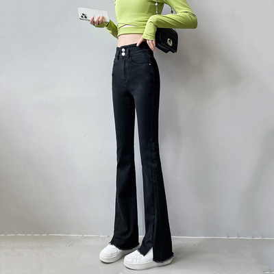 高腰牛仔裤女夏春黑色修身微喇裤