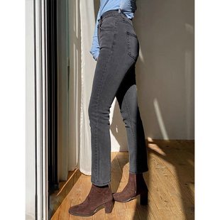 烟灰色直筒牛仔裤女秋大码弹力显瘦胖mm高腰加绒八分小个子烟管裤