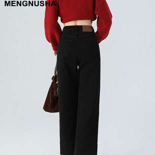 黑色九分直筒牛仔裤女秋冬2025新款加绒高腰显瘦百搭阔腿烟管裤子