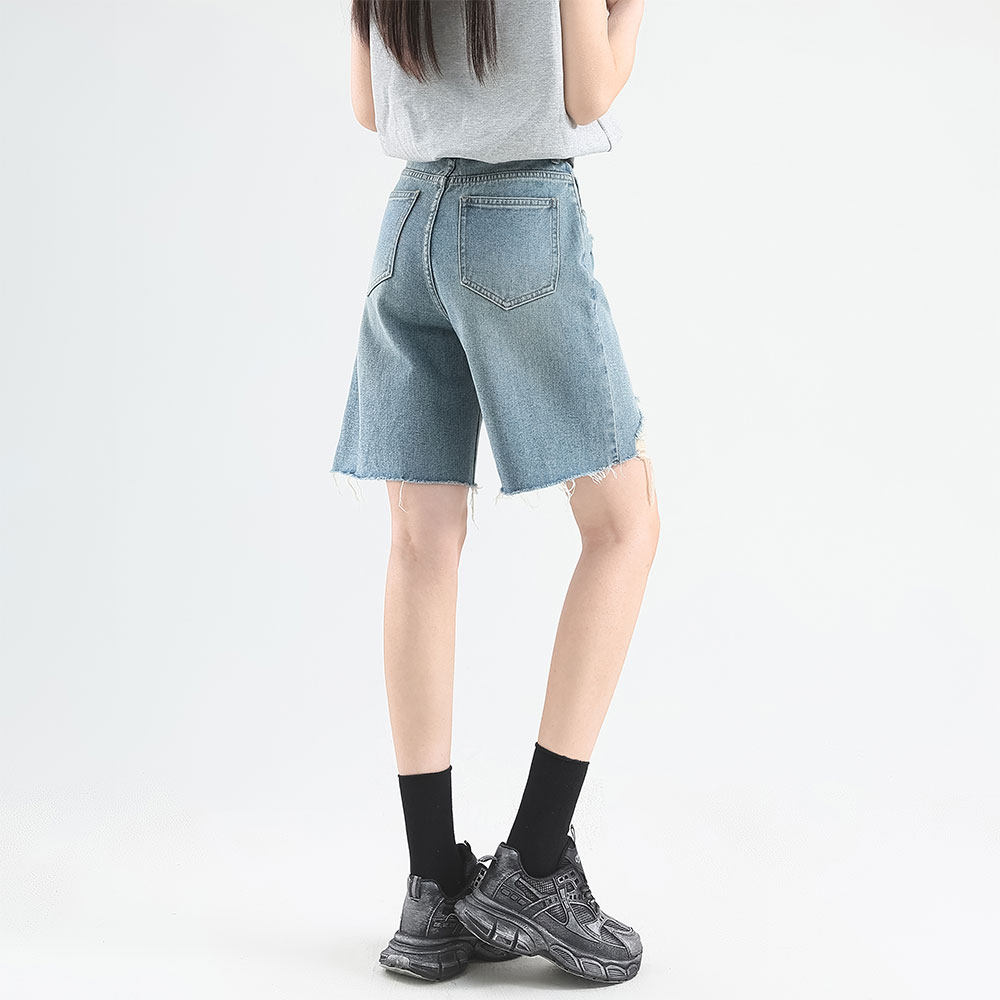 设计感破洞口袋高腰阔腿五分牛仔裤女夏季高腰宽松遮流苏短裤女