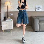 女2025夏季 薄款 新款 深蓝五分牛仔短裤 高腰宽松直筒阔腿5分a字中裤
