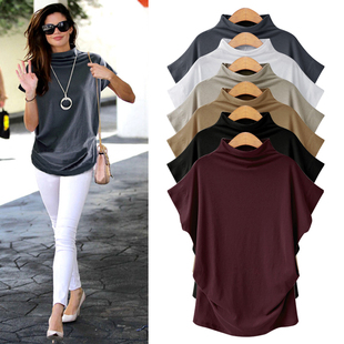 T恤女春夏新款半高领打底衫韩版中长款宽松胖MM上衣200斤大码短袖