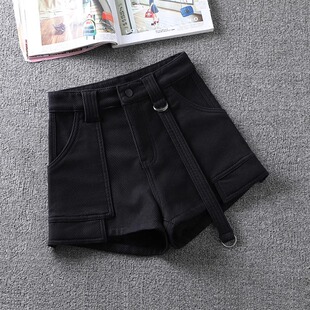 高腰显瘦小个子外穿a字阔腿热裤 爆款 女2025春秋新款 黑色牛仔短裤