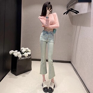 高腰九分怀旧蓝微喇牛仔裤女2026春夏新款百搭显瘦毛边裤脚喇叭裤