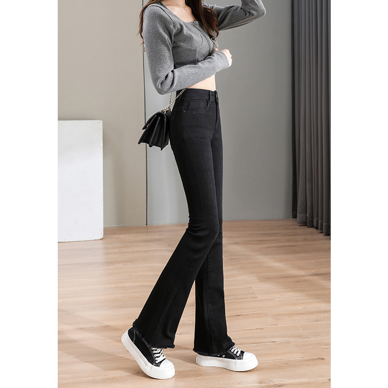 黑色微喇叭八分155牛仔裤女高腰秋冬加绒显瘦百搭九分裤修身弹力