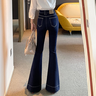 春秋款单宁原色微喇叭牛仔裤女高个子加长拖地超长版深蓝色马蹄裤